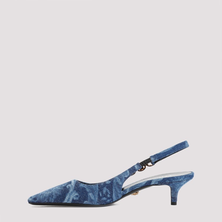 Shop Versace Barocco Denim Slingback Pumps In Blue