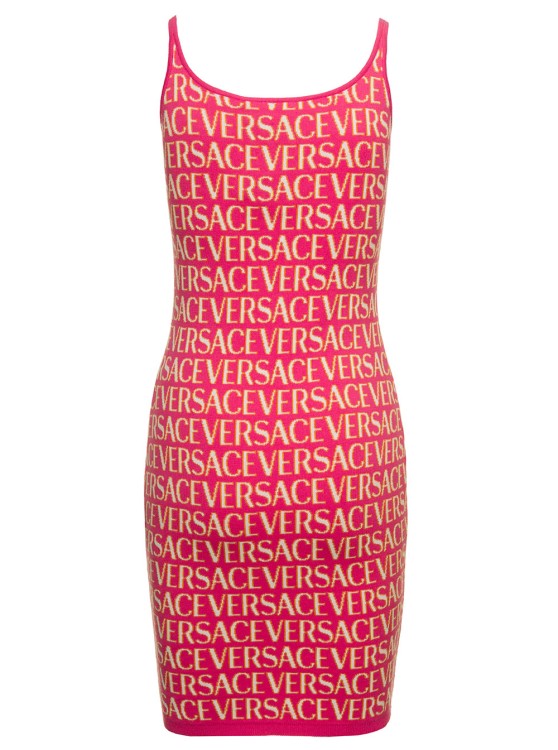 Shop Versace Mini Fuchsia Dress With All-over Logo Lettering Print And Medusa Detail In Cotton Blend In Burgundy
