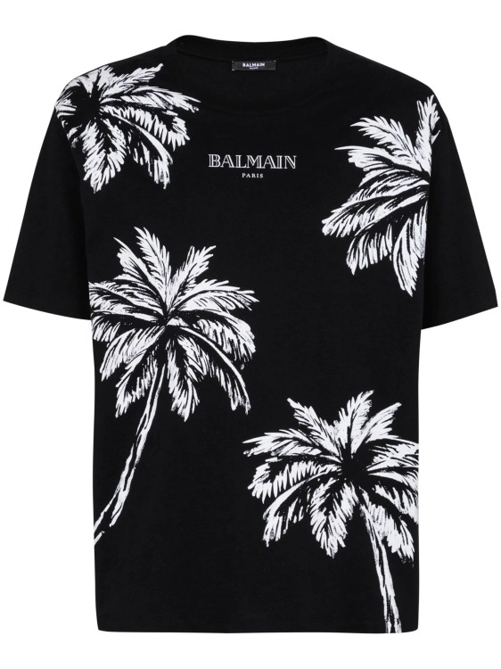Balmain Palm Tree-print Cotton T-shirt In Black