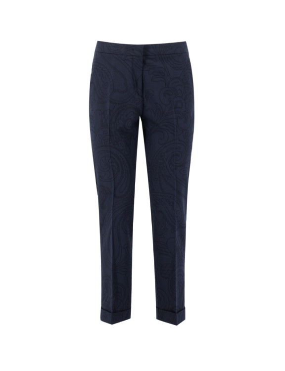 Etro Blue Stretch Cotton Blend Jacquard Tailored Trousers In Black
