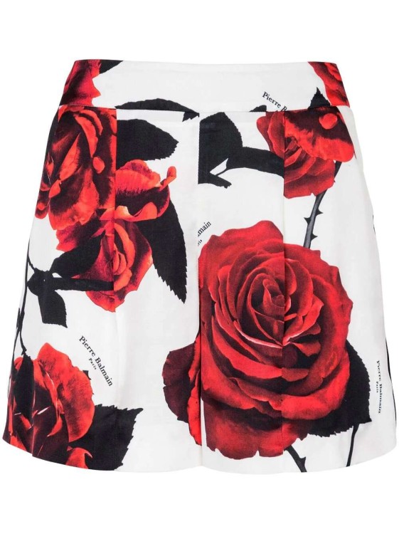 Shop Balmain Rose-print Satin Shorts In Red