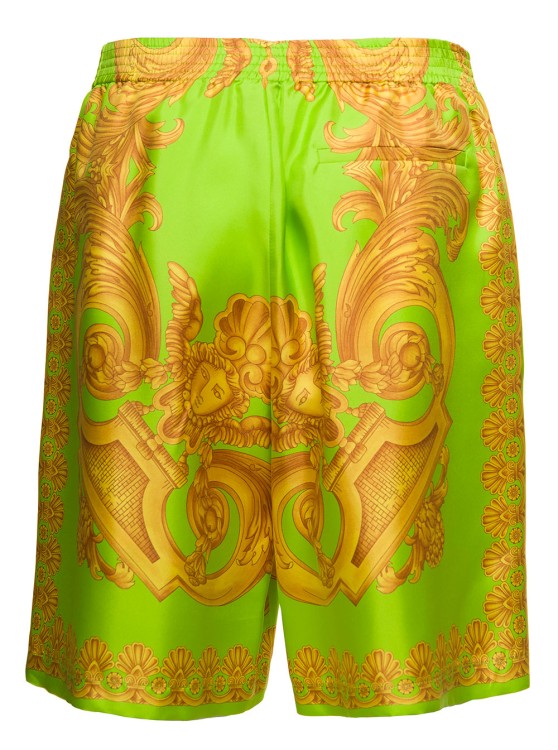 Shop Versace Green And Gold Shorts With All-over Barrocco Print In Silk