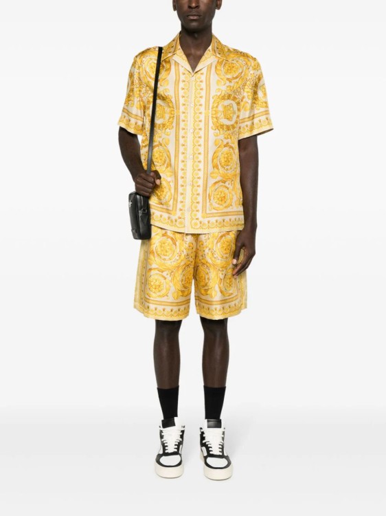 Shop Versace Barocco Silk Beige/yellow Shorts In Neutrals