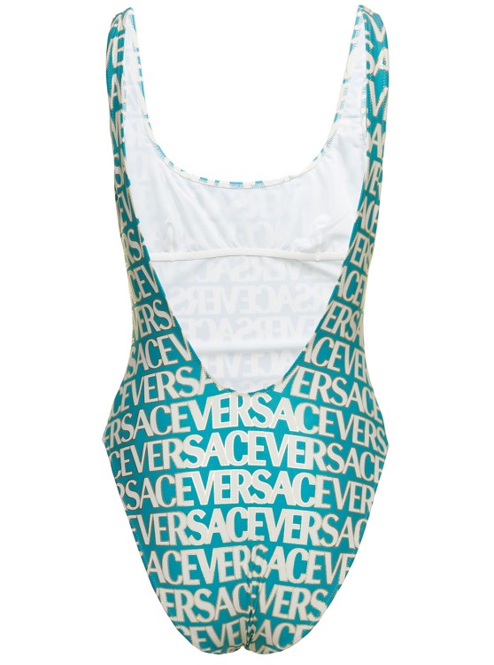 Shop Versace Blue One-piece Swimsuit With All-over Logo Lettering Print In Stretch Tech Fabric In White