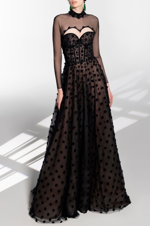 Shop Saiid Kobeisy Beaded Tulle Dress With Polka Dots In Black