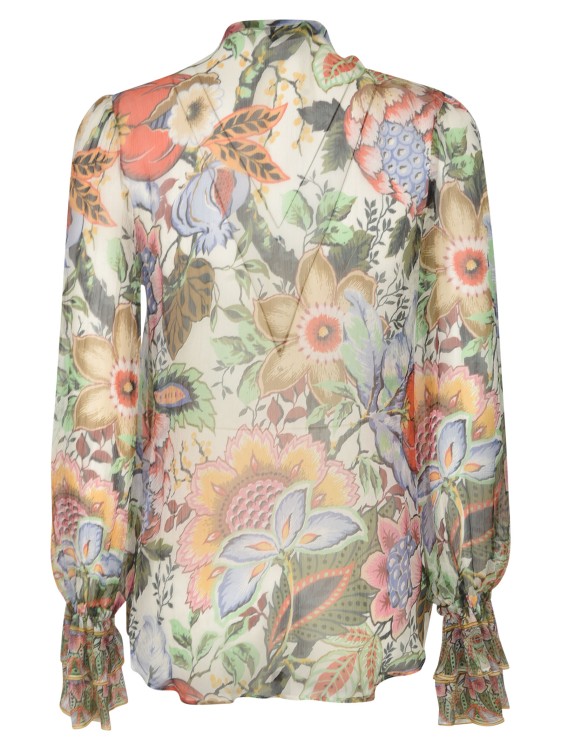 Shop Etro Silk Semi-sheer Construction All-over Floral Print Ruffled Blouse In Multicolor