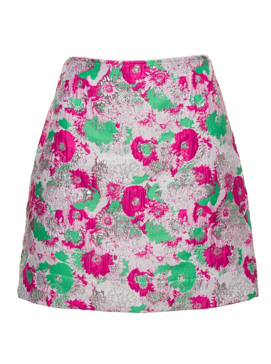 Shop Ganni Multicolor Mini A-line Skirt With 3d Jacquard Floreal Motif In Recycled Polyester In Pink