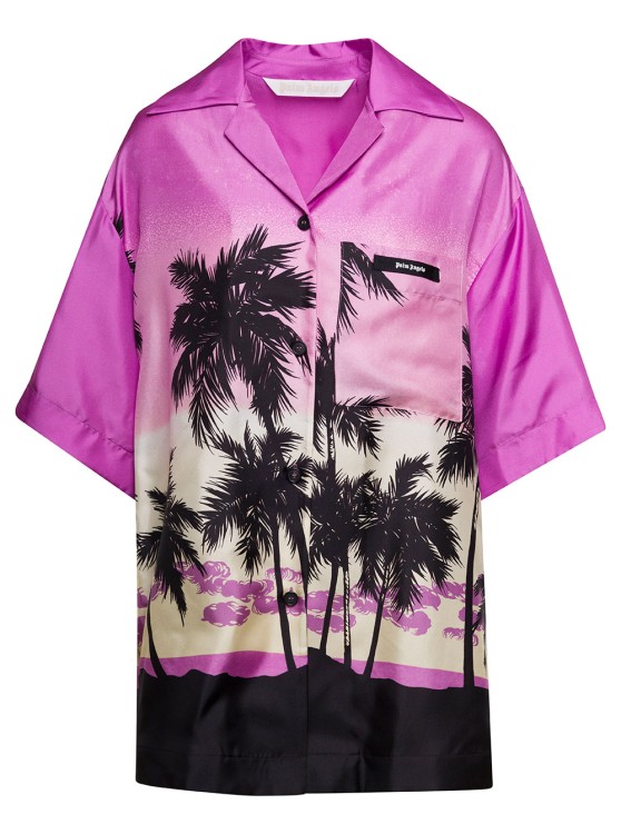 Shop Palm Angels Multicolor Bowling Shirt With All-over Sunset Print In Silk In Purple