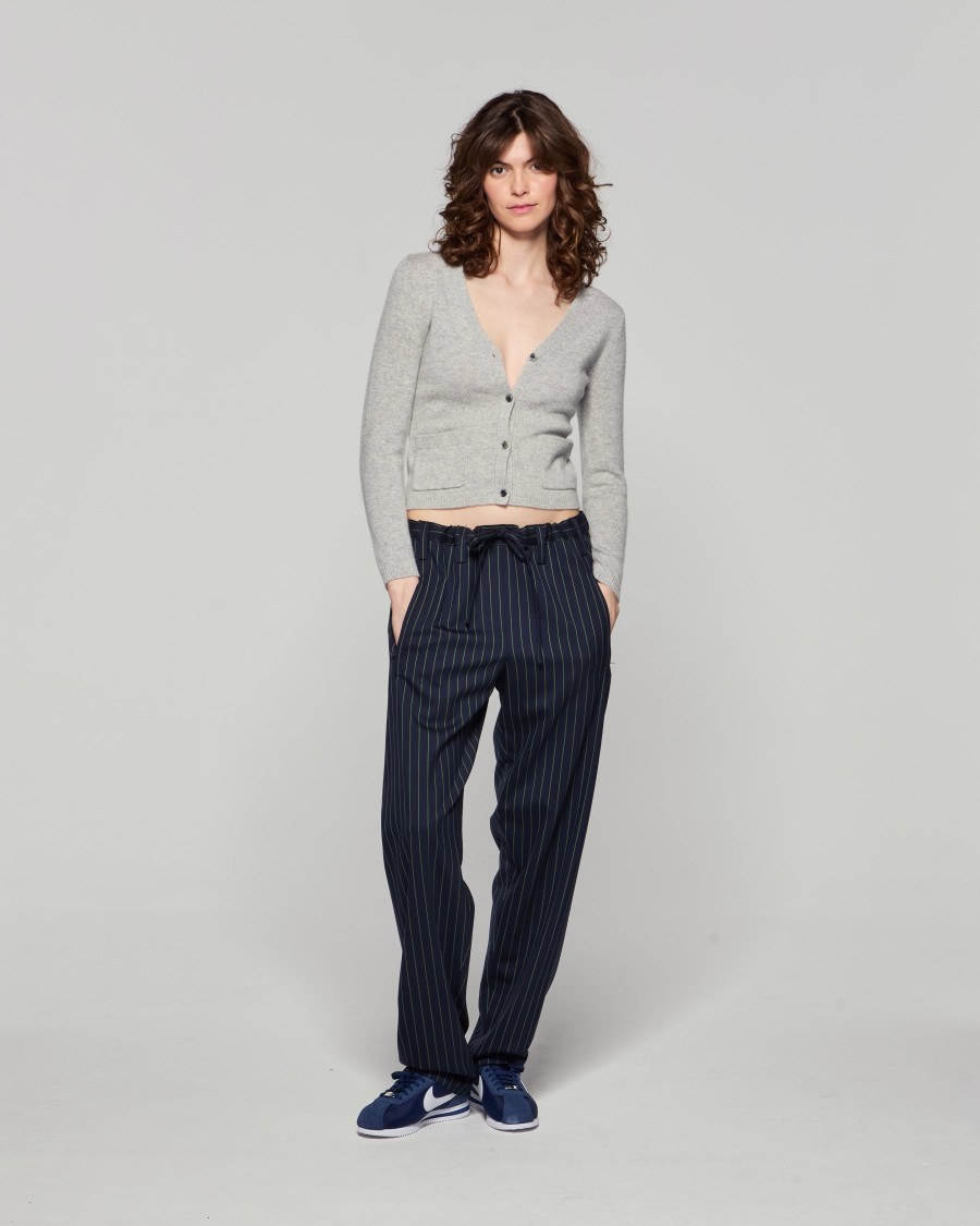 Shop Serena Bute Wool Pinstripe Utility Trouser - Navy/green In Blue