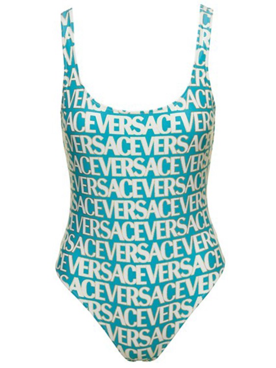 Shop Versace Blue One-piece Swimsuit With All-over Logo Lettering Print In Stretch Tech Fabric In White