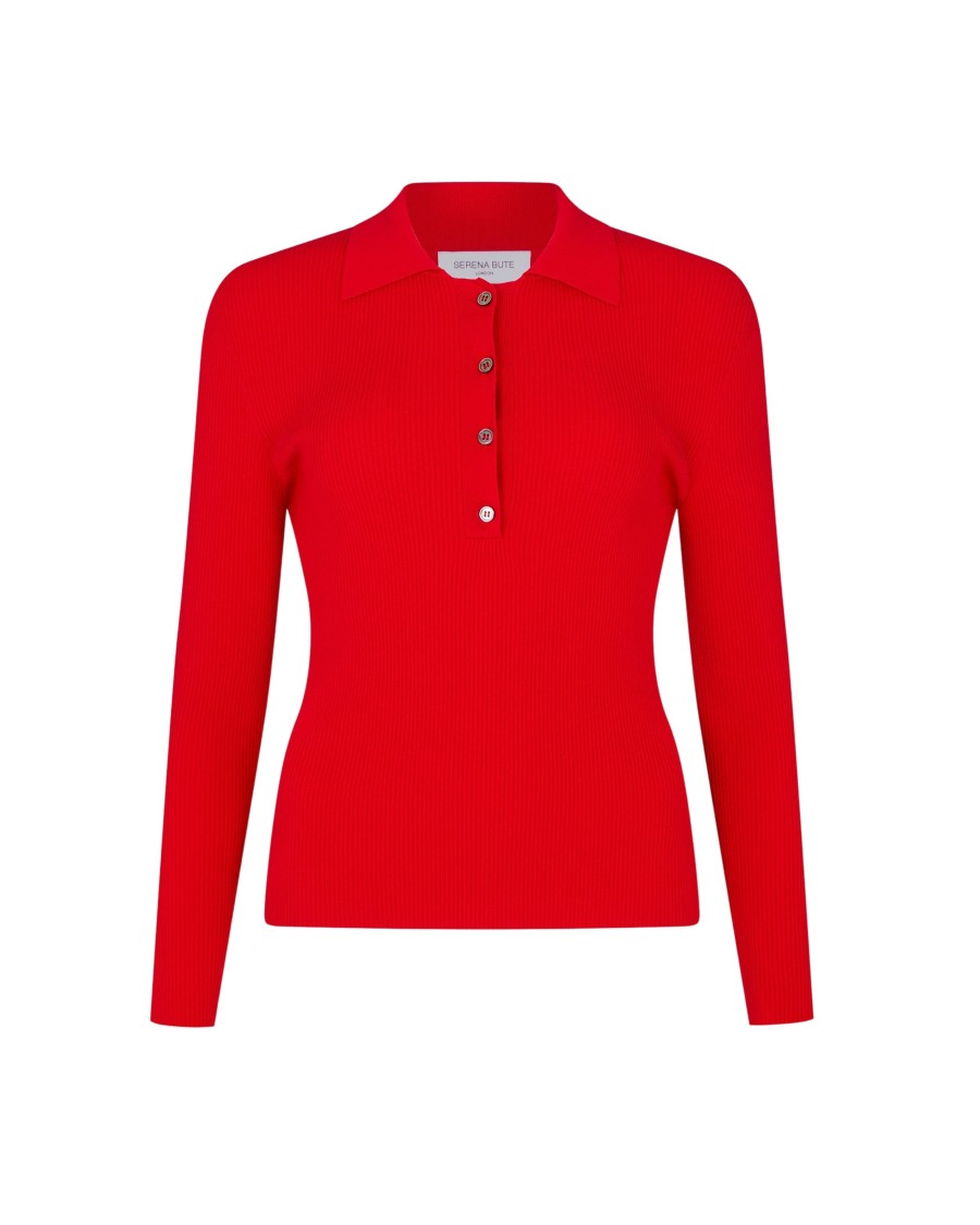 Shop Serena Bute Ribbed Henley Top - Red