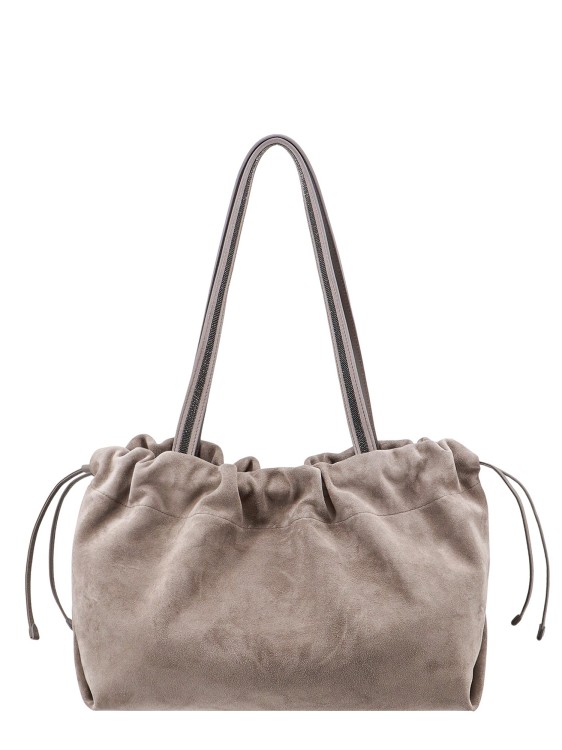 Shop Brunello Cucinelli Suede Shoulder Bag With Leather Handles In Neutrals