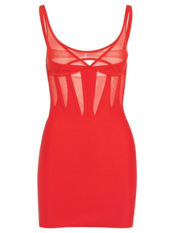 Mugler Techno Jersey Corset Mesh Mini Dress In Red