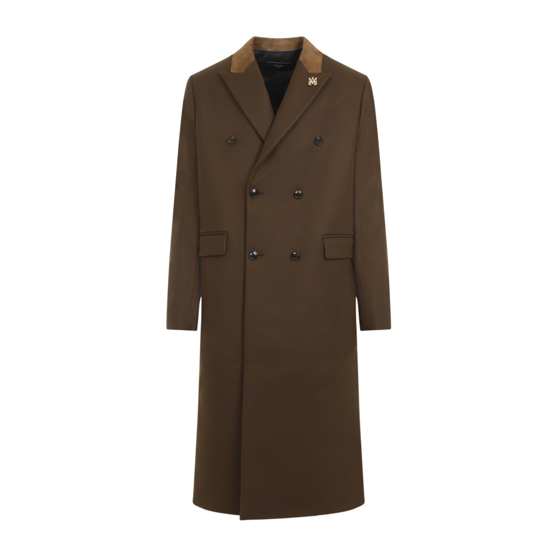 Amiri Wool Blend Double-breasted Coat With Suede Collar For Men In Brown