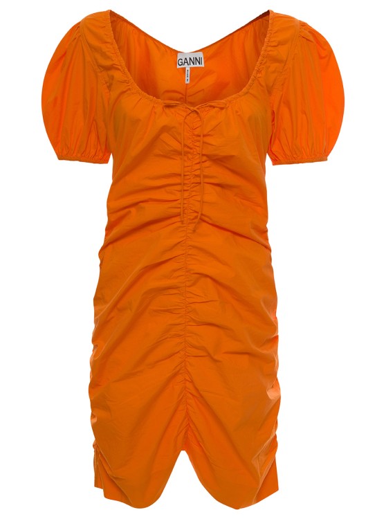 Shop Ganni Mini Gathered Orange Dress With Balloon Sleeves In Cotton