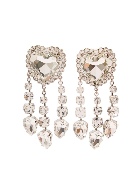 Alessandra Rich Silver-colored Heart-shaped Clip-on Earrings With Crystal Pendants In Hypoallergenic Brass