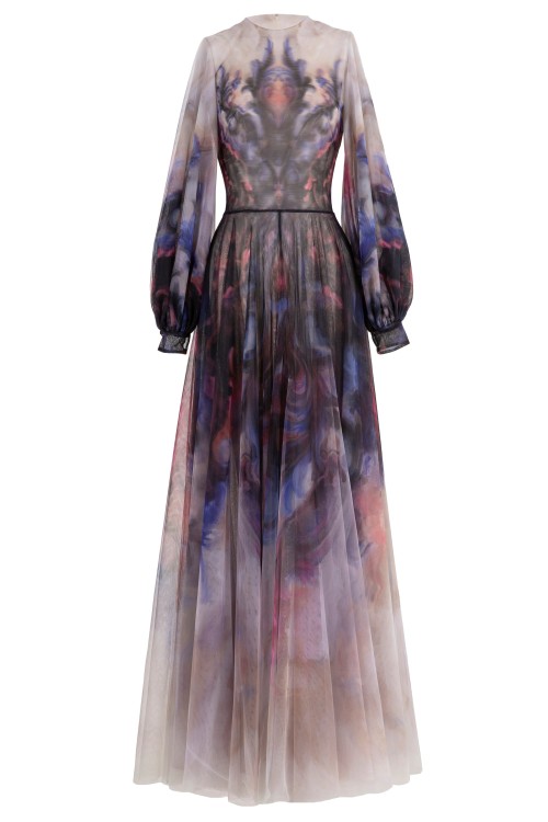 Saiid Kobeisy Chromatic Printed Tulle Dress In Grey