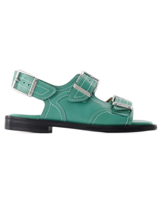 Shop Ganni Western Sandals  - Green - Leather In Blue