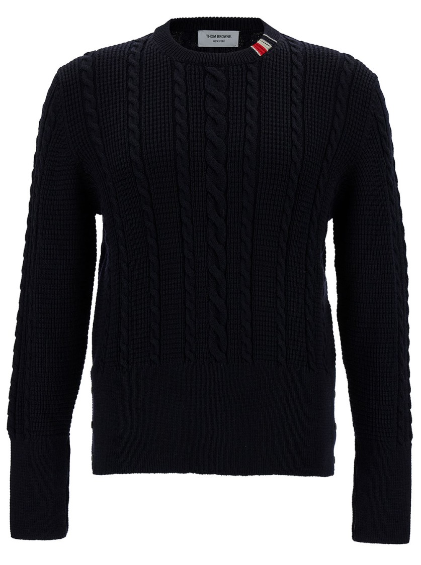 Shop Thom Browne Blue Crewneck Cable Knit Sweater With Rwb Stripe Detail In Wool