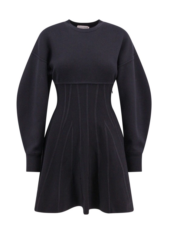 Alexander Mcqueen Wool Blend Dress With Embossed Stitchings In Black