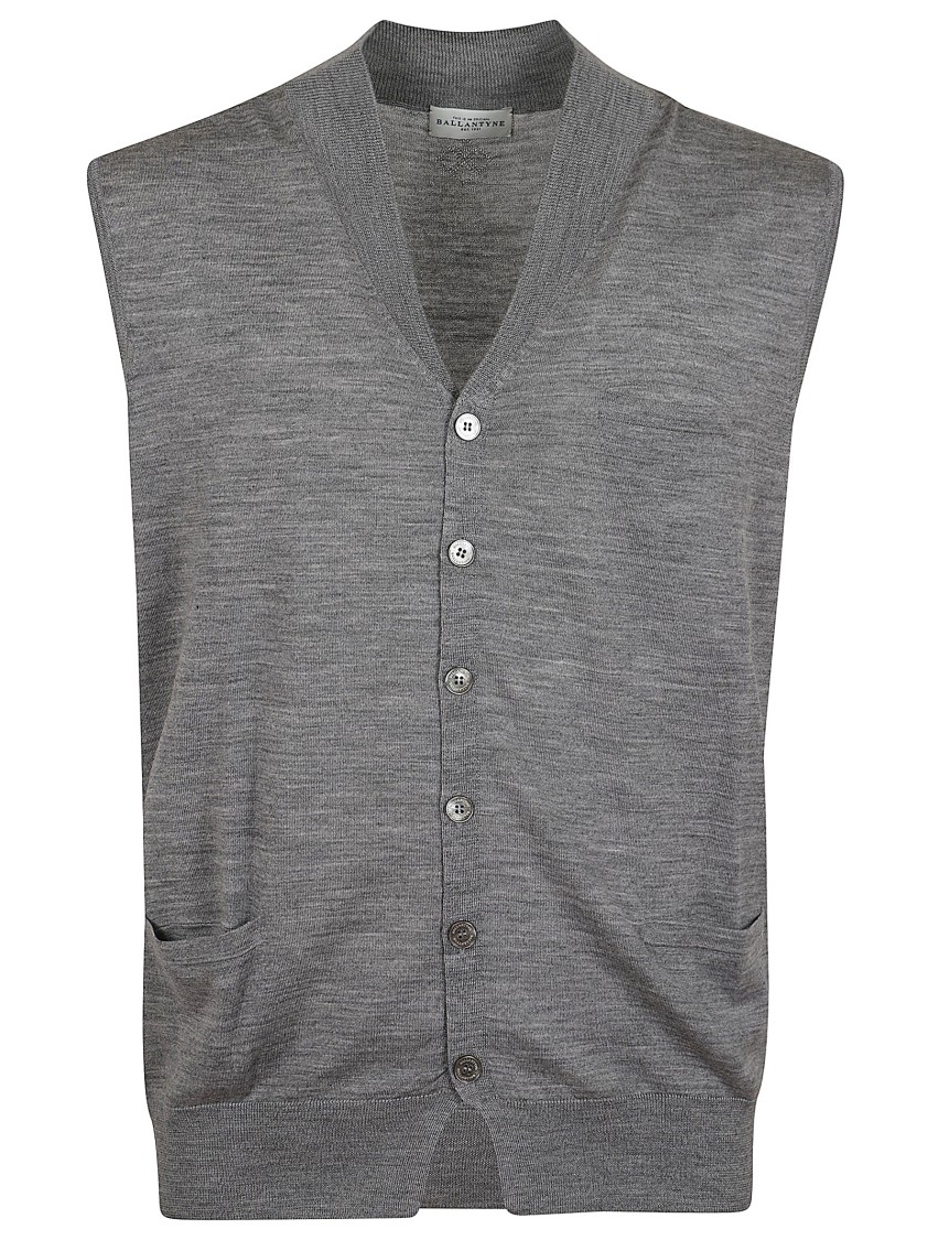Ballantyne Premium Wool Waistcoat With Ribbed V-neck And Button Front Closure In Grey