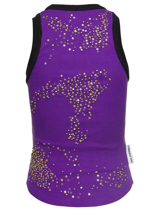 Shop Des Phemmes Purple Ribbed Tank Top With Paillettes Embroidery In Stretch Cotton Woman