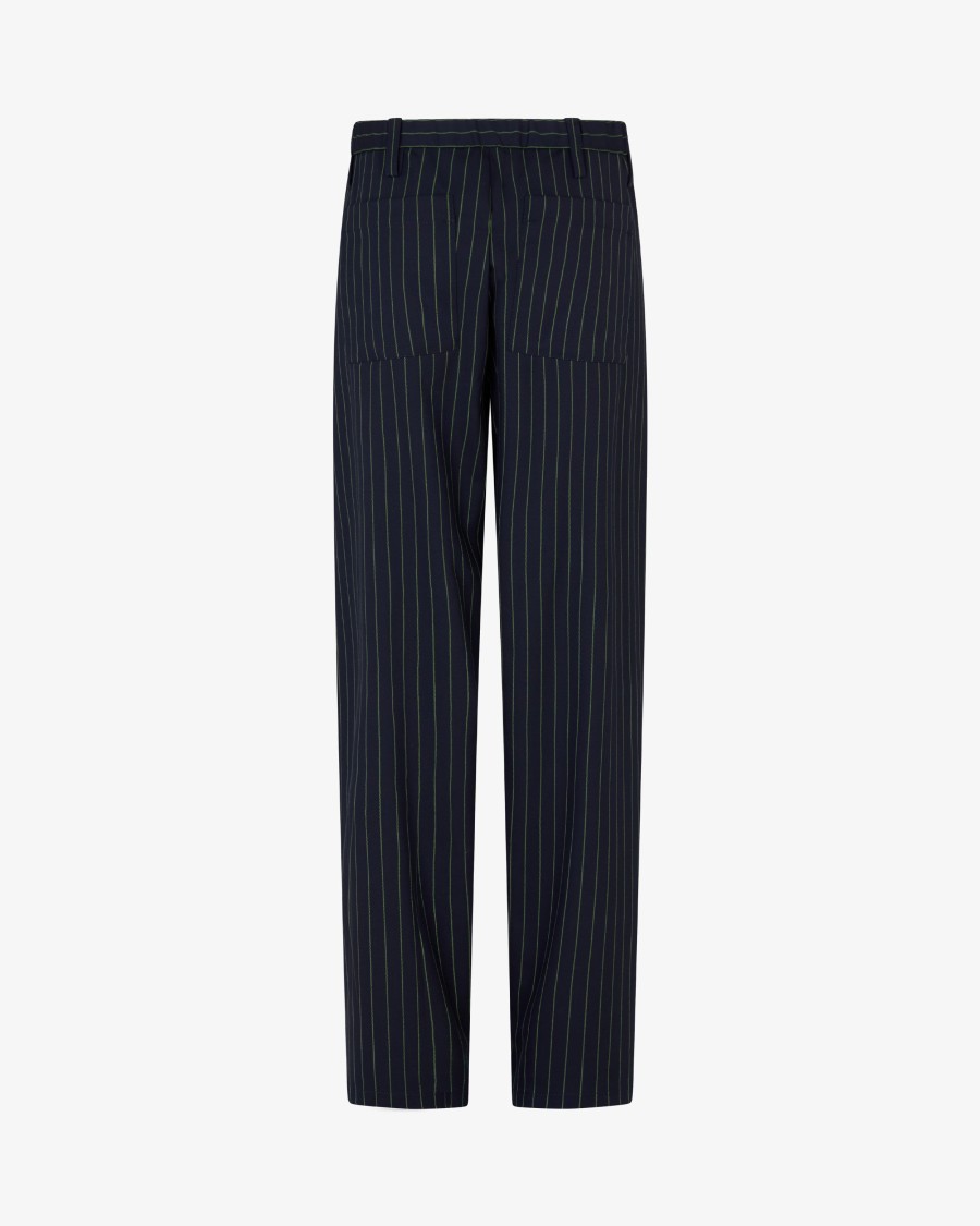 Shop Serena Bute Wool Pinstripe Utility Trouser - Navy/green In Blue