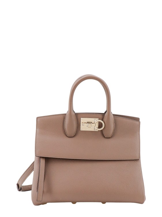 Shop Ferragamo Leather Handbag With Iconic Gancini Detail In Brown