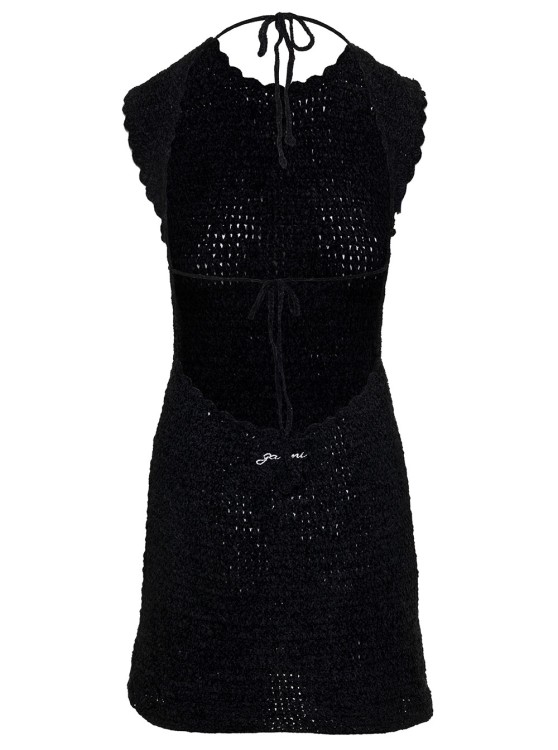 Shop Ganni Mini Black Backless Dress With Logo Embroidery In Crochet