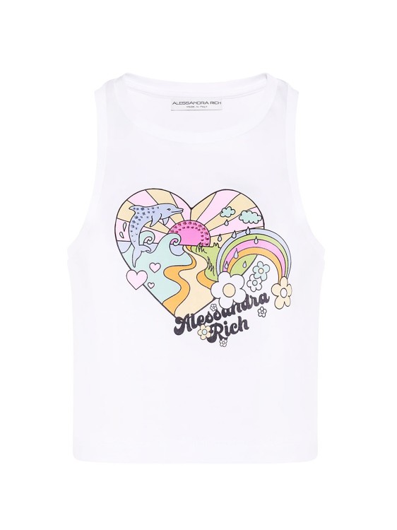 Alessandra Rich Cotton Top With Frontal Logo And Print In White