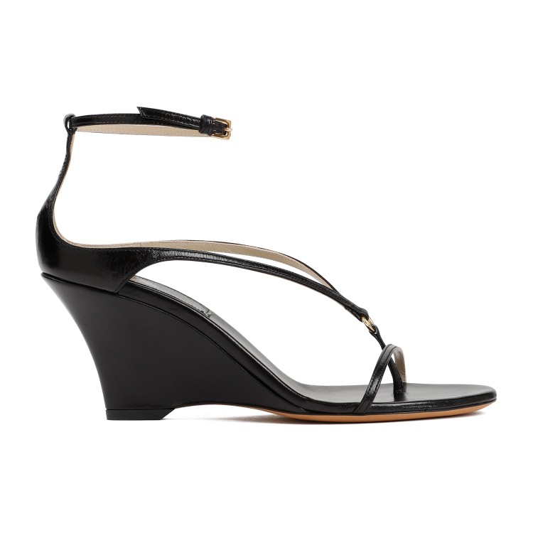 Shop Khaite Marion Ankle Strap Wedge Black Leather Sandals