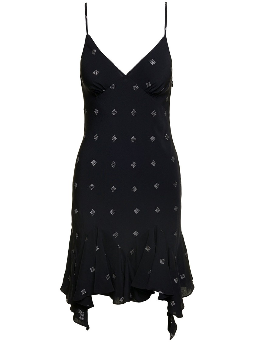 Shop Givenchy Black Mini Dress With Contrasting All-over 'monogram' Print In Wool Blend