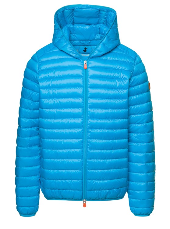 Shop Save The Duck Blue Hooded Puffer Jacket With Zip Fastening And Logo In Polyester
