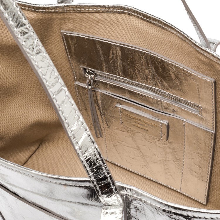 Shop Gianni Chiarini Silver Laminated Unlined Superlight Leather Shopping Bag