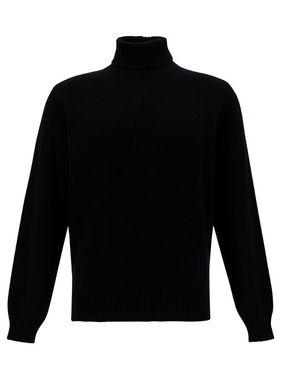 Gaudenzi Black Turtleneck Sweater With Ribbed Trims In Wool And Cashmere