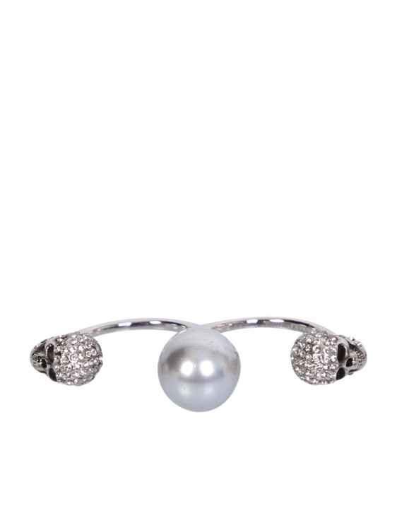 Shop Alexander Mcqueen Double Pearl Skull Silver Ring