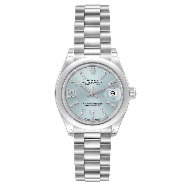 Rolex President Blue Diamond Dial Platinum Ladies Watch 279166 Unworn In Metallic