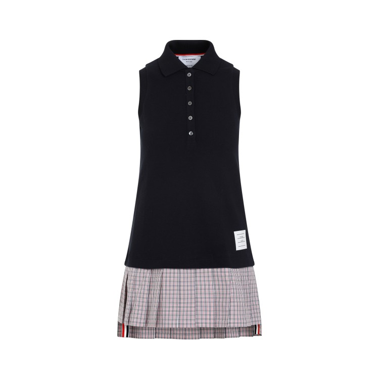 Shop Thom Browne Navy-blue Cotton Mini Pleated Bottom Polo Dress In Black