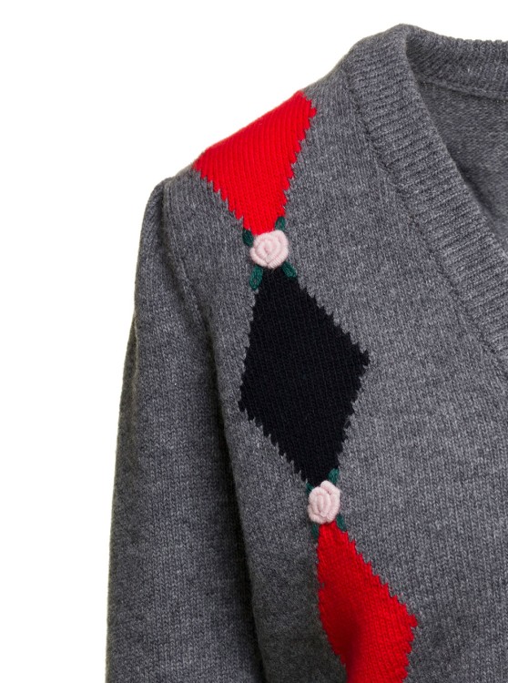Shop Alessandra Rich Grey Cardigan With 'diamond' Motif And Embroidered Rose Detail In Wool