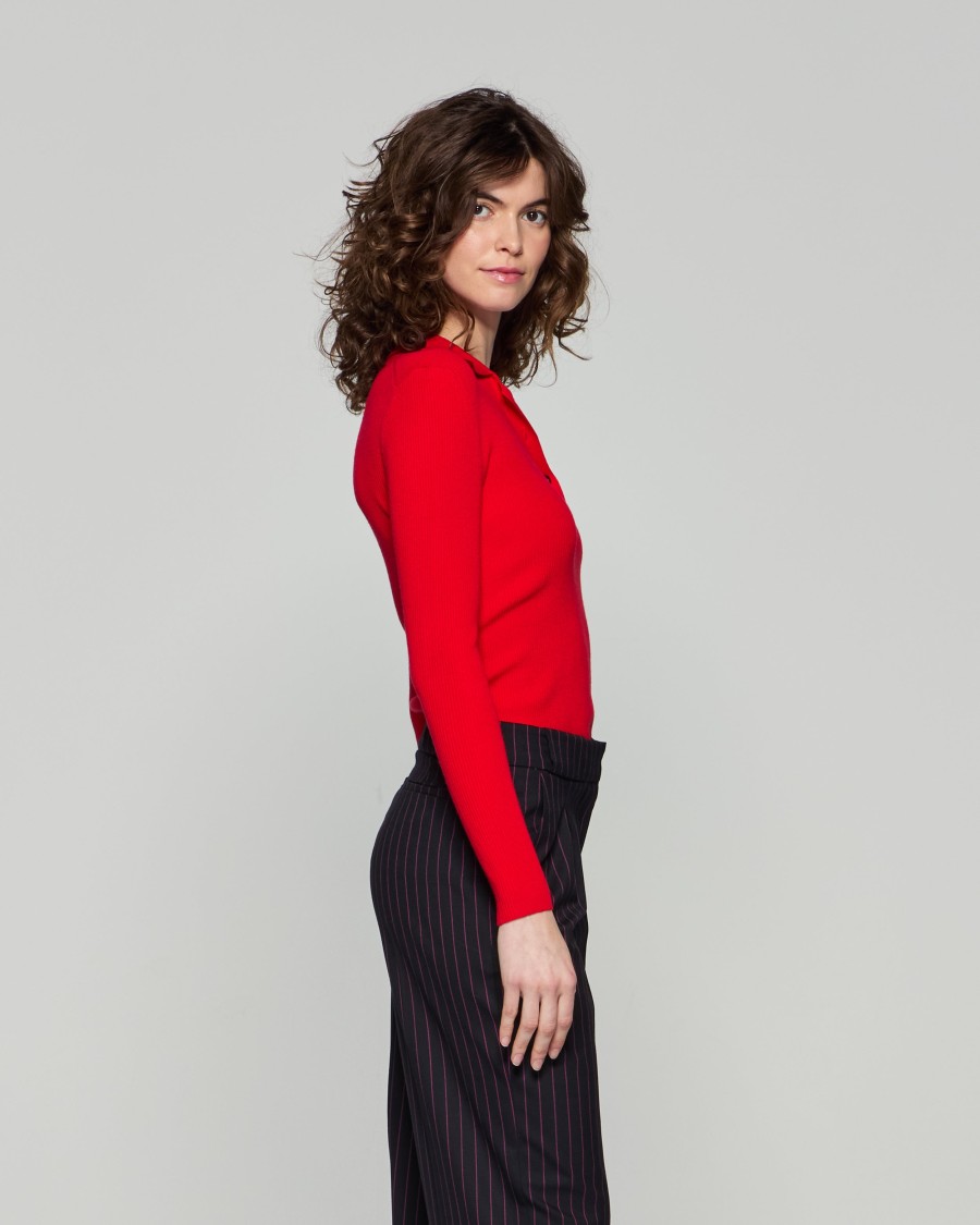 Shop Serena Bute Ribbed Henley Top - Red