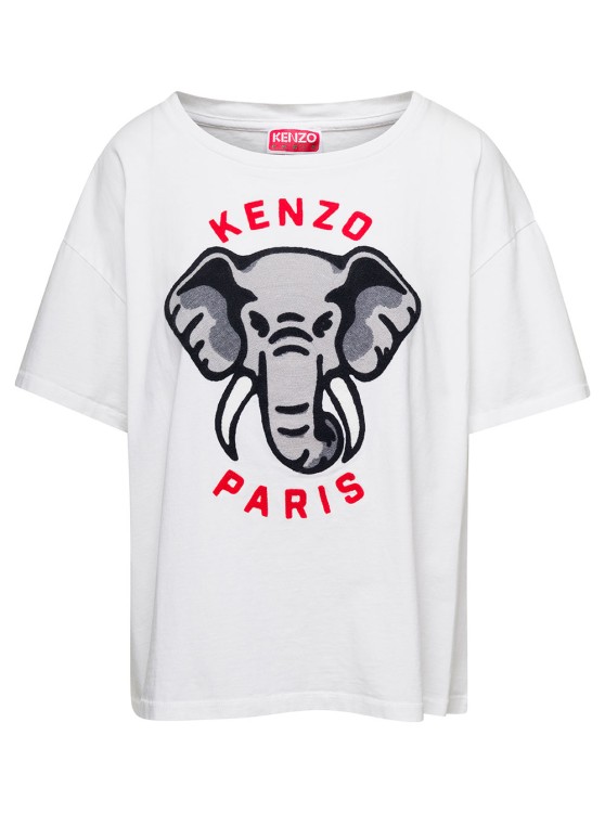 Kenzo White Oversize T-shirt With Elephant And Logo On The Chest In Cotton