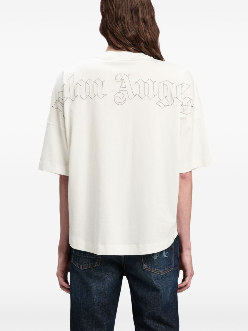 Shop Palm Angels Crisp Cotton T-shirt With Rib Detail And Signature Logo In White