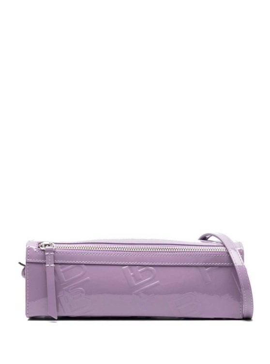 By Far Karo Lilac Patent Shoulder Bag With Embossed Logo All-over In Leather In Grey