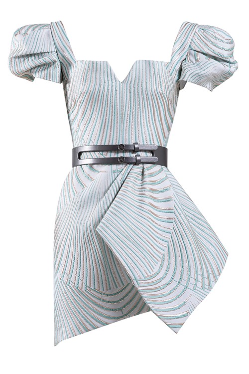 Saiid Kobeisy Short Brocade Blue Tint Dress With A Side Ruffle And Pleated Short Sleeves