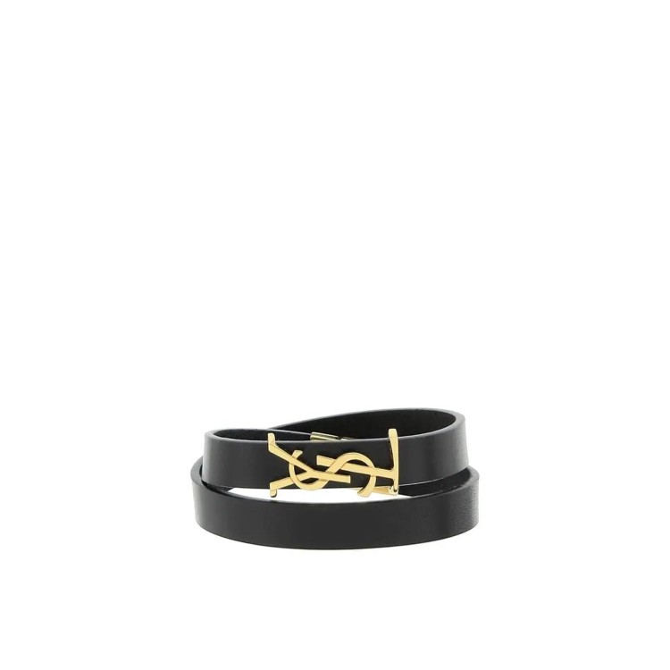 Shop Saint Laurent Calf Leather Ysl Bracelet In Black