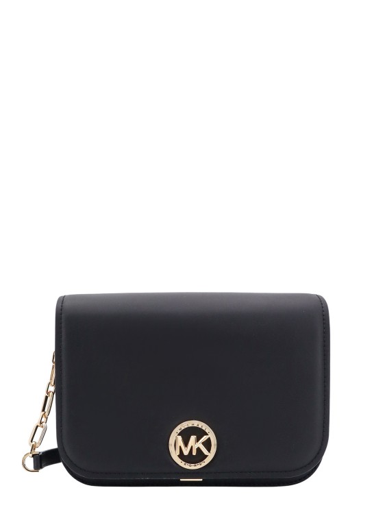 Shop Michael Kors Leather Shoulder Bag With Metal Monogram In Black