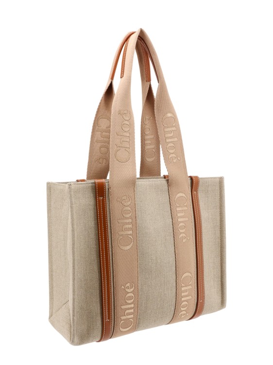 Shop Chloé Linen And Leather Shoulder Bag With Embroidered Logo In Neutrals