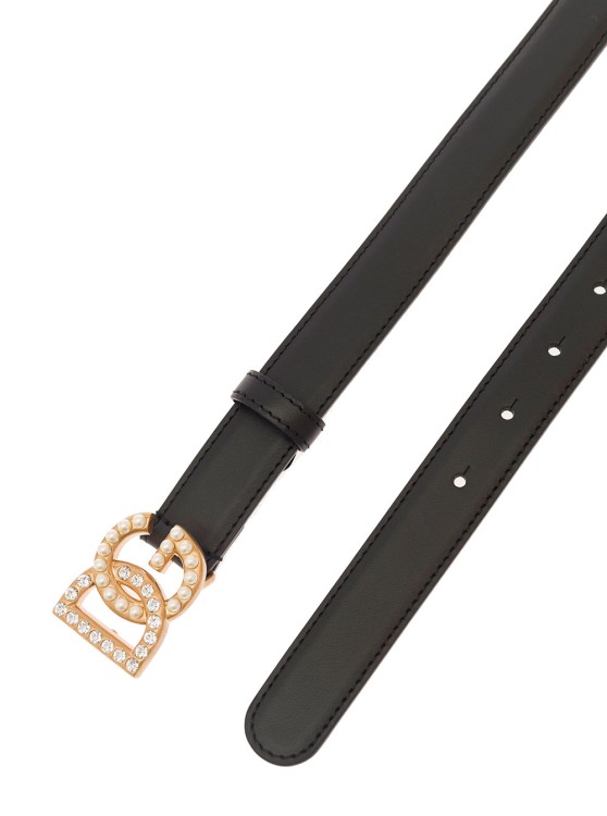 Shop Dolce & Gabbana Black Belt With Dg Logo Buckle With Pearls And Rhinestones In Smooth Leather