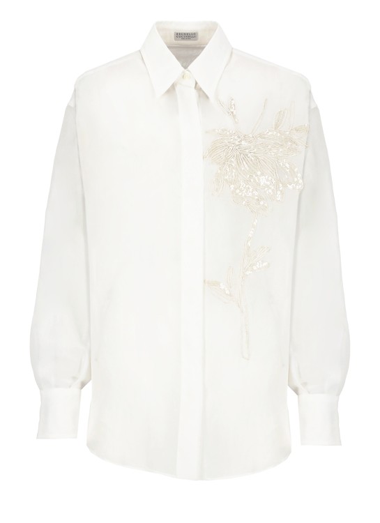 Brunello Cucinelli Women's Cotton Organza Shirt With Dazzling Magnolia Embroidery In White
