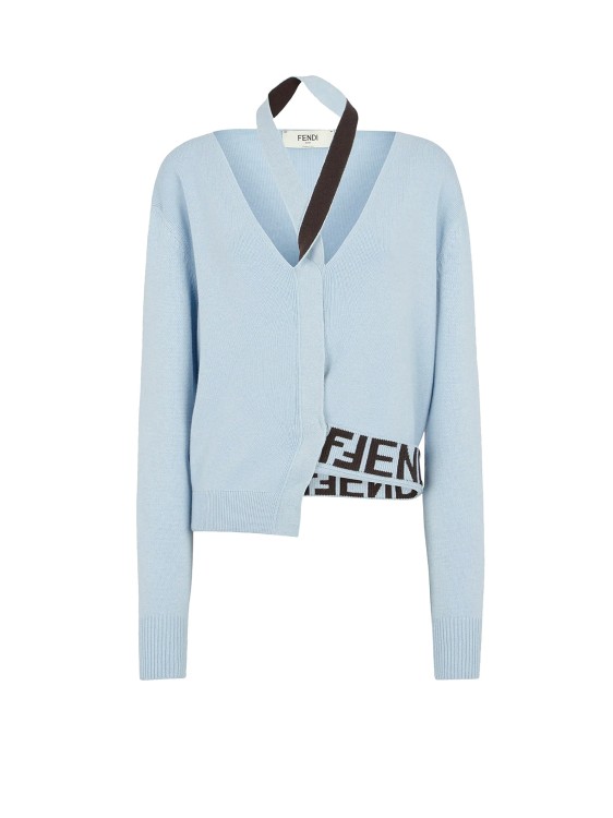 Shop Fendi Wool And Cashmere Asymmetric Cardigan With Logo Inlay In Blue